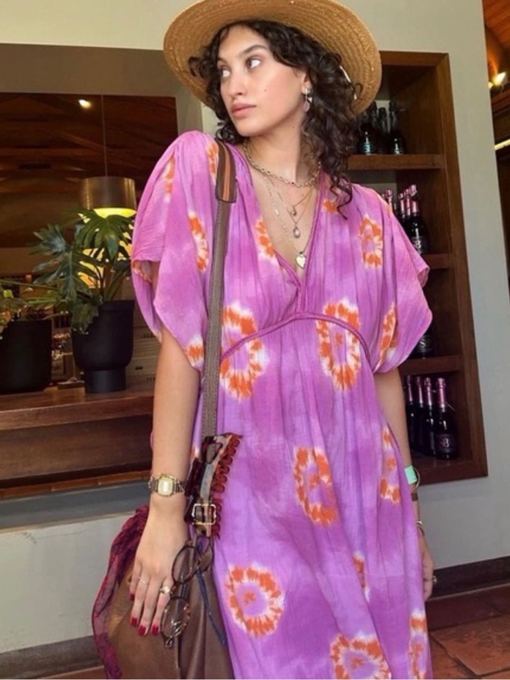 ZARA NWT Kaftan Dress Purple Base With Orange White Circular Tie-Dye Patterns XS